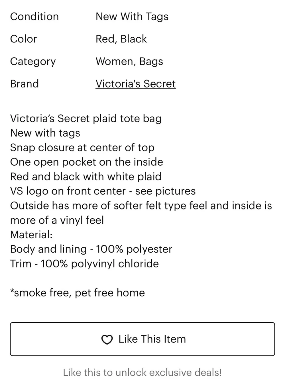 Victoria’s Secret WT Plaid Tote Bag with Monogram Accent - Red & Black